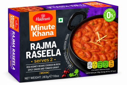 Haldiram's Minute Khana Rajma Raseela 283g curry meal box with purple and orange packaging