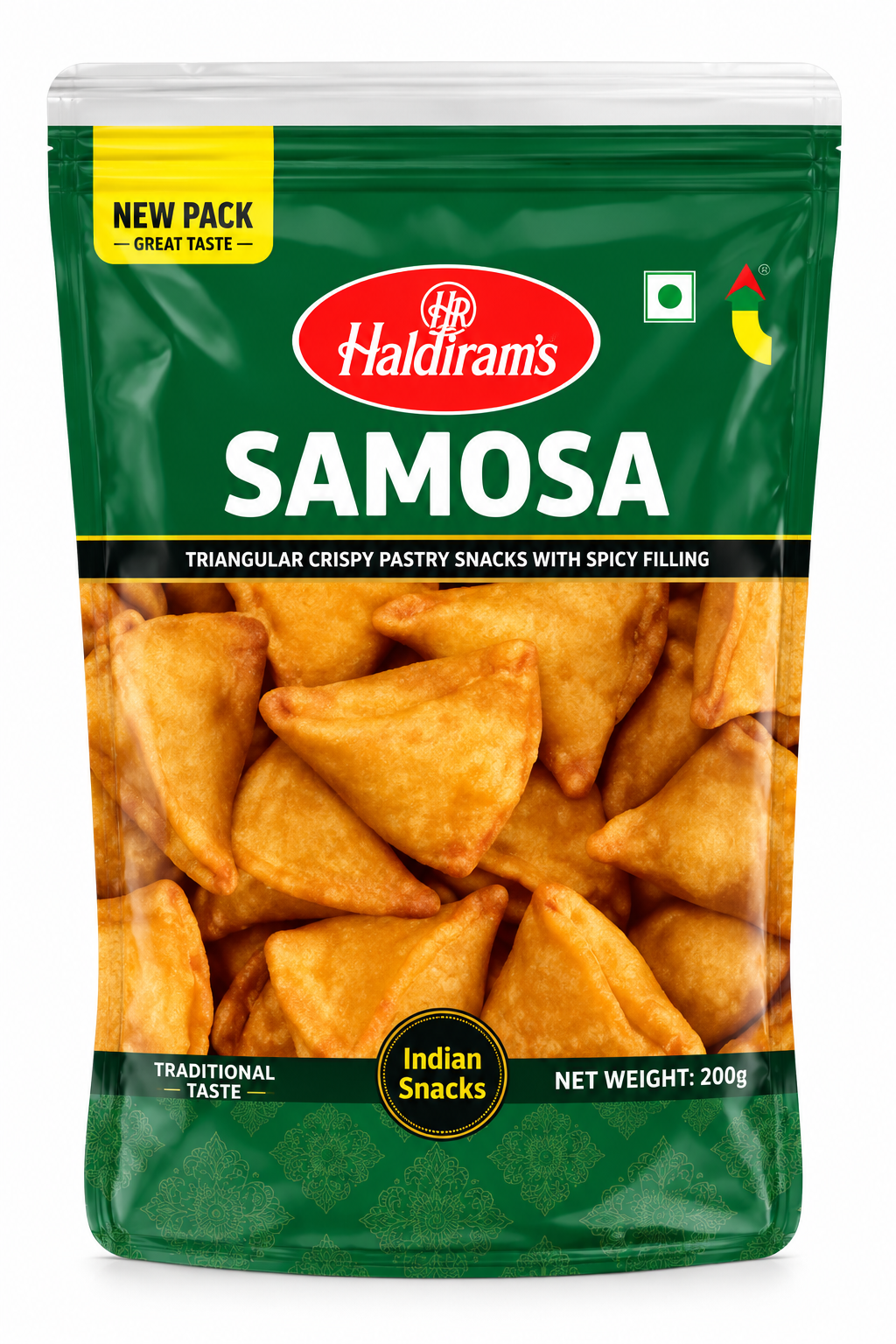 Haldiram’s Samosa snack packet in green packaging, featuring golden, crispy triangular samosa snacks.