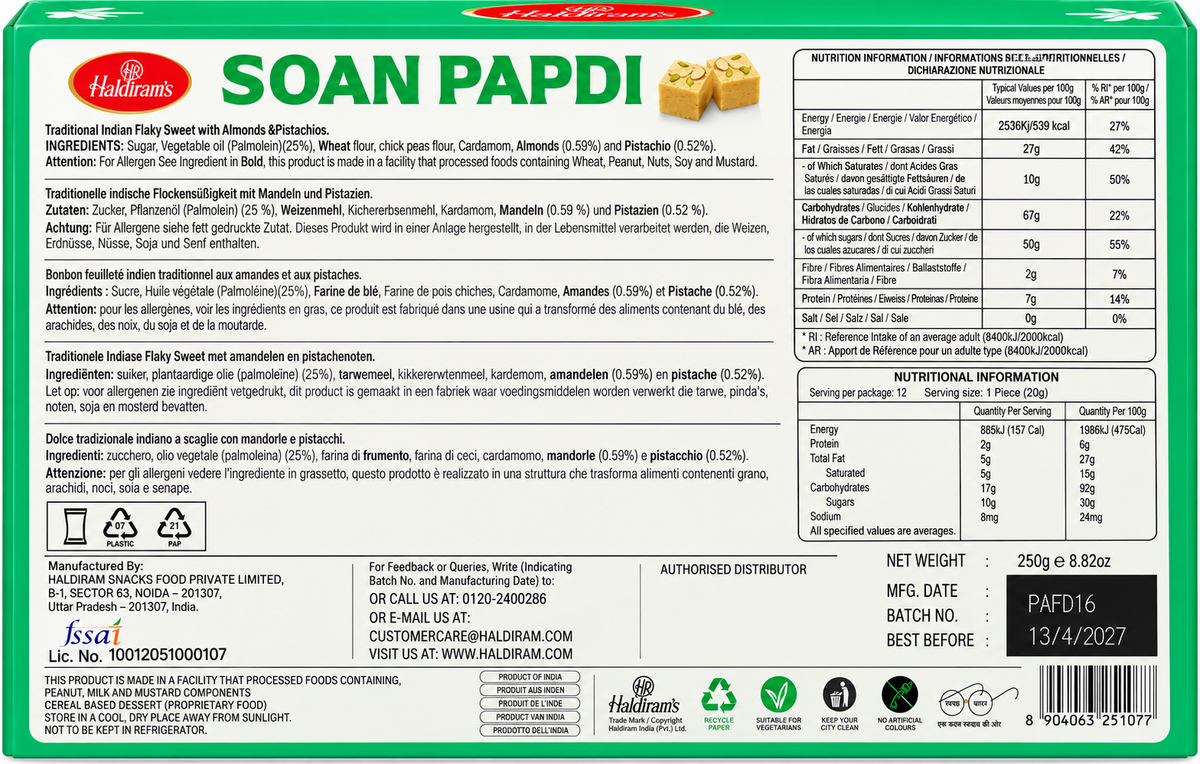 Haldiram’s Soan Papdi 250g back packaging showing ingredients, allergen information, nutrition facts, manufacturing details, storage instructions, vegetarian symbols, product origin information, batch number, manufacturing date, best-before date and barcode