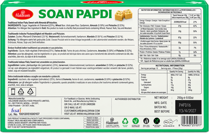 Haldiram’s Soan Papdi 250g back packaging showing ingredients, allergen information, nutrition facts, manufacturing details, storage instructions, vegetarian symbols, product origin information, batch number, manufacturing date, best-before date and barcode