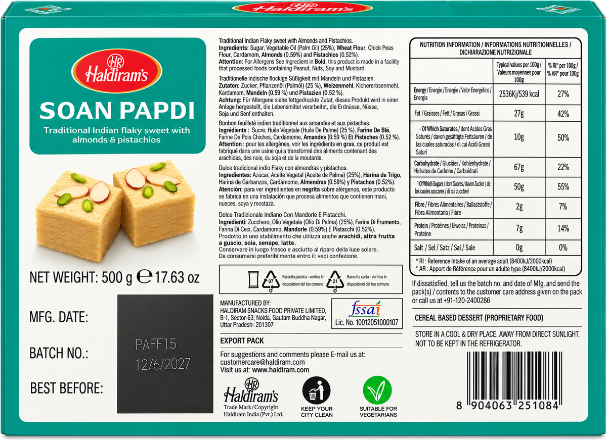 Haldiram’s Soan Papdi 500g back packaging showing ingredients, allergen information, nutrition facts, storage instructions, manufacturer details, vegetarian symbol, recycling information, product weight and barcode