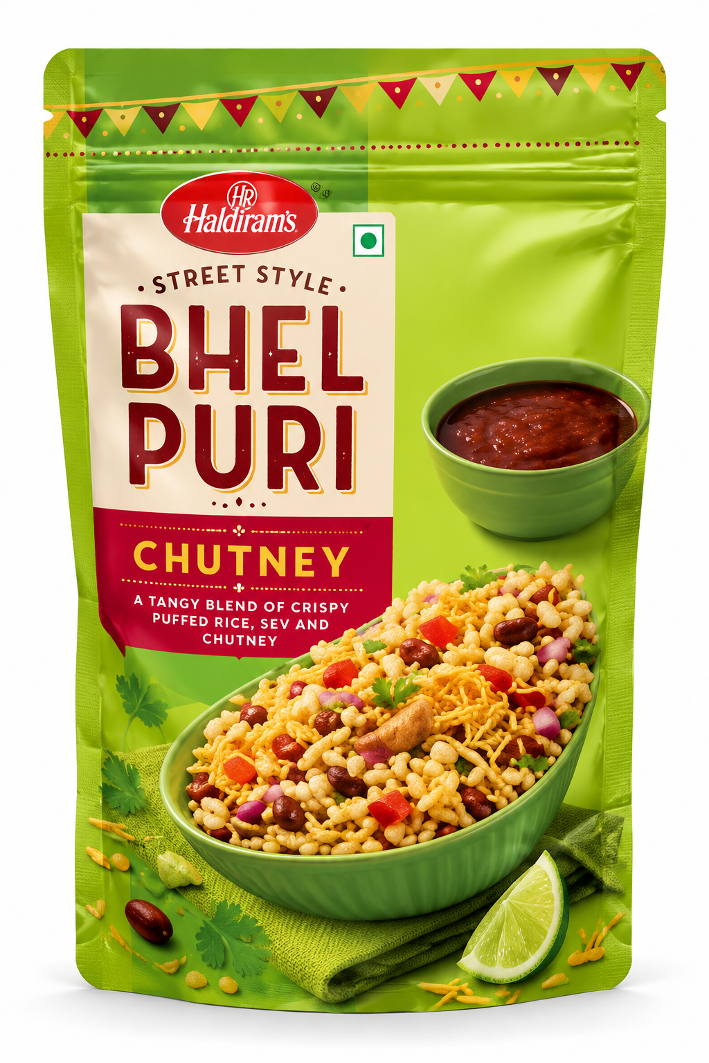 Haldiram’s Street Style Bhel Puri Chutney pouch in light-green packaging, featuring bhel puri and chutney imagery.