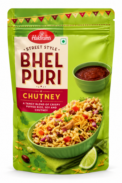 Haldiram’s Street Style Bhel Puri Chutney pouch in light-green packaging, featuring bhel puri and chutney imagery.