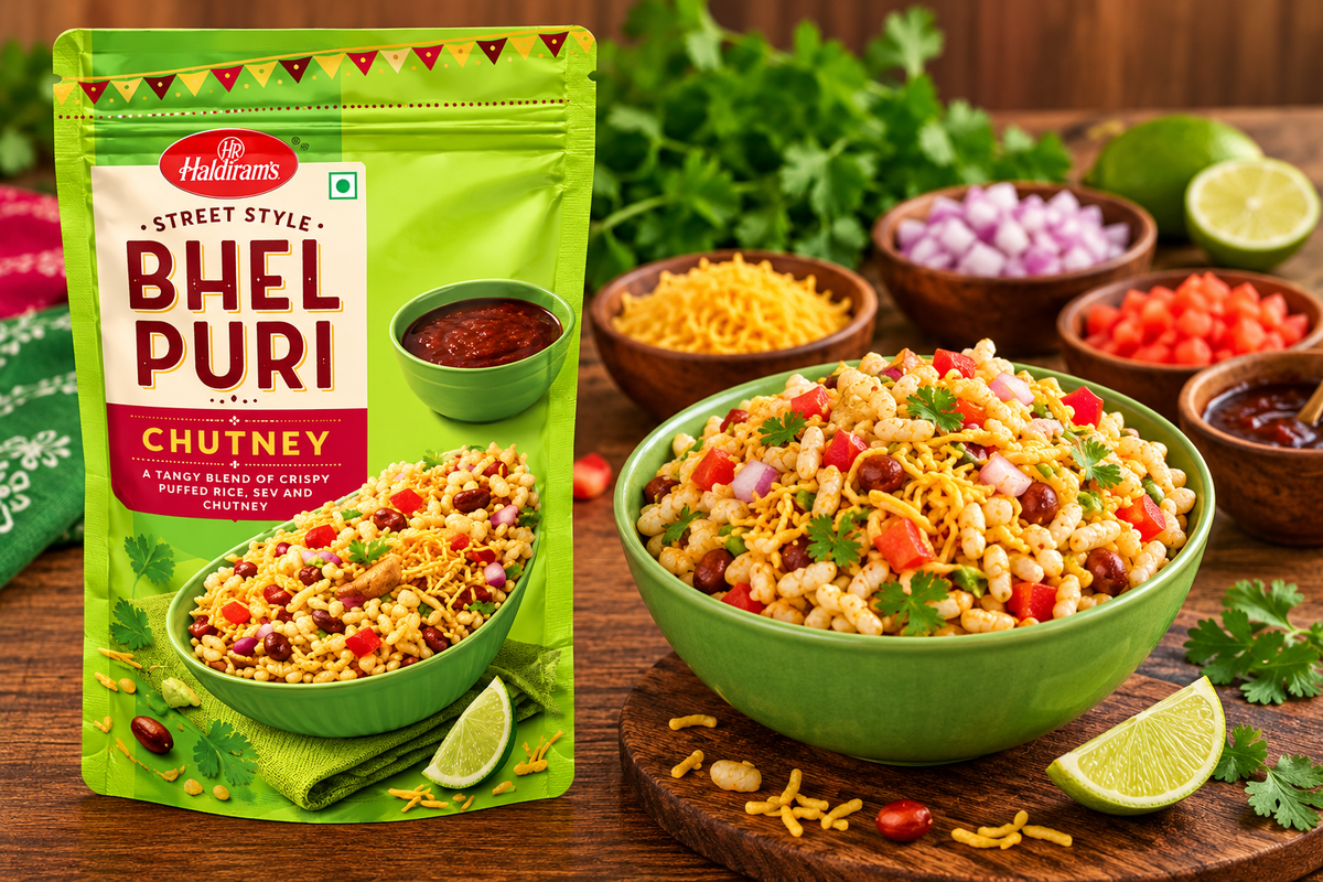 Haldiram’s Street Style Bhel Puri Chutney pouch displayed beside a bowl of bhel puri with puffed rice, sev, peanuts, chopped tomatoes, onions and fresh coriander, with chutney and lime on a wooden table.