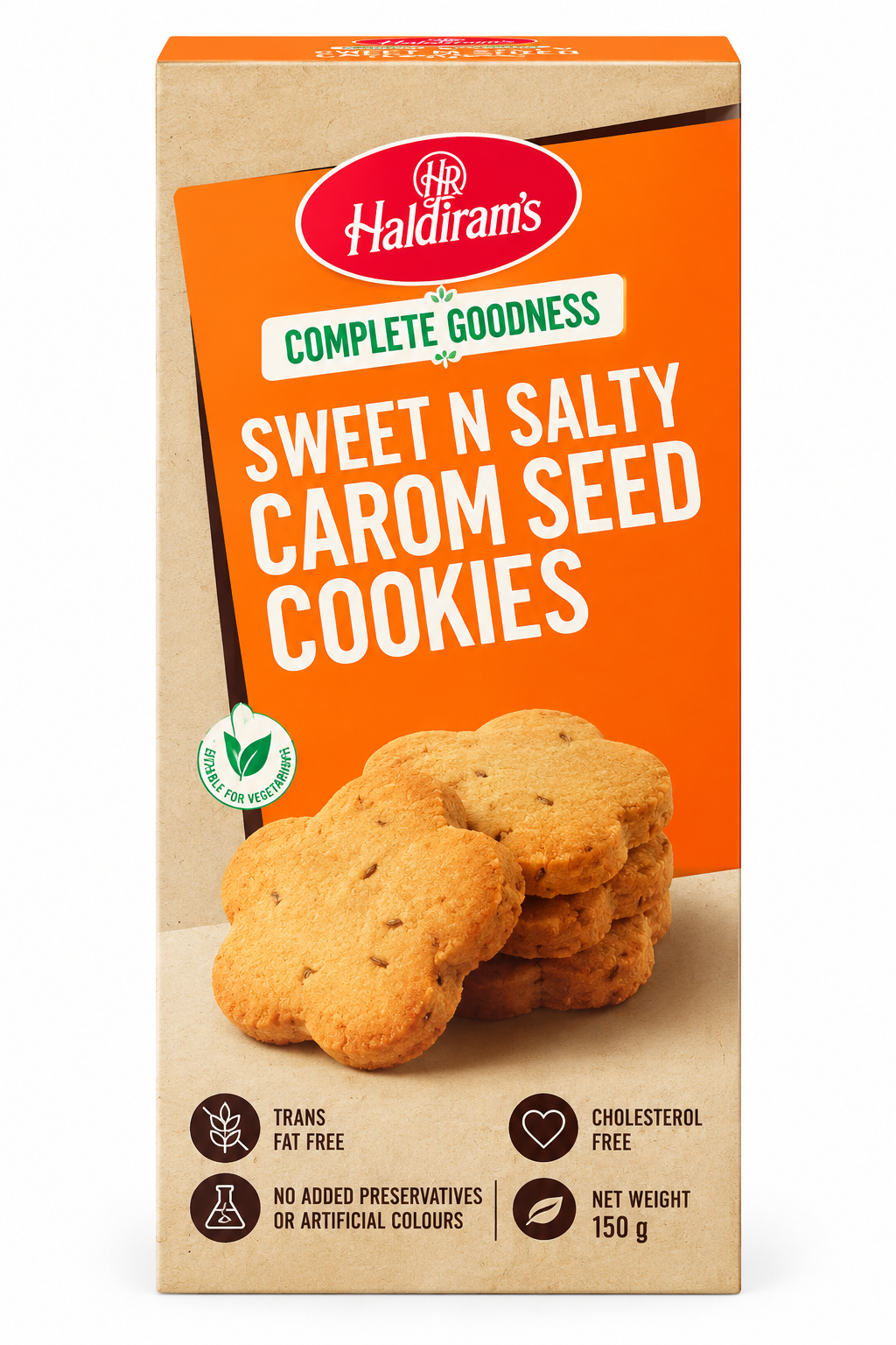 Haldiram’s Sweet N Salty Carom Seed Cookies pack with orange packaging and golden-brown carom seed cookies.