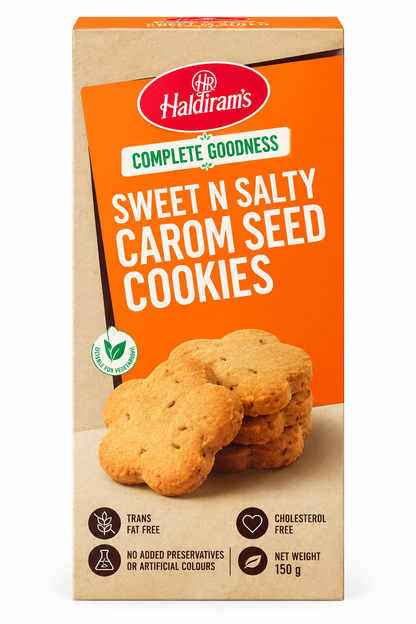 Haldiram’s Sweet N Salty Carom Seed Cookies pack with orange packaging and golden-brown carom seed cookies.