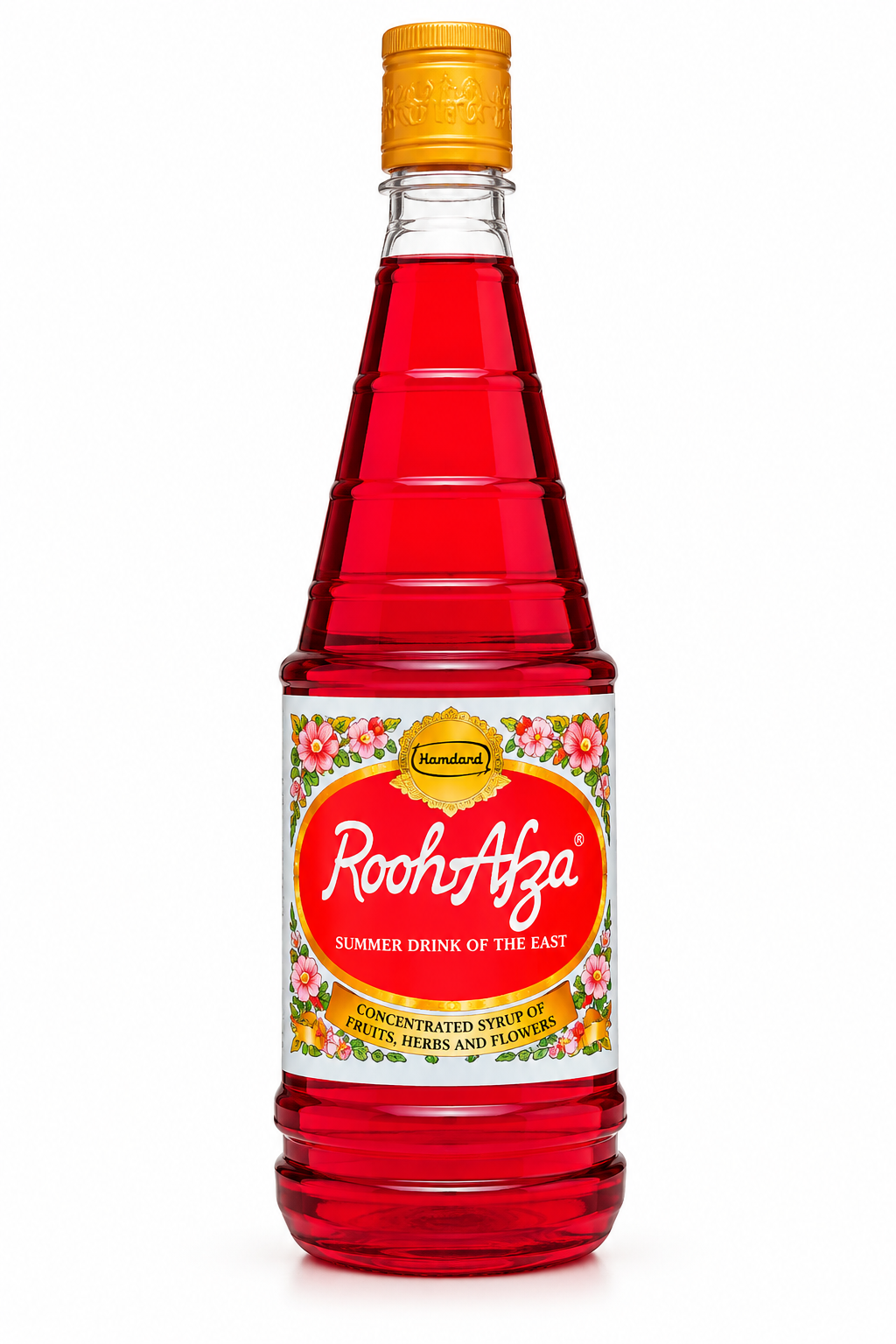 Hamdard Rooh Afza 800ml red concentrated syrup bottle with golden cap and traditional floral label on a clean white background.