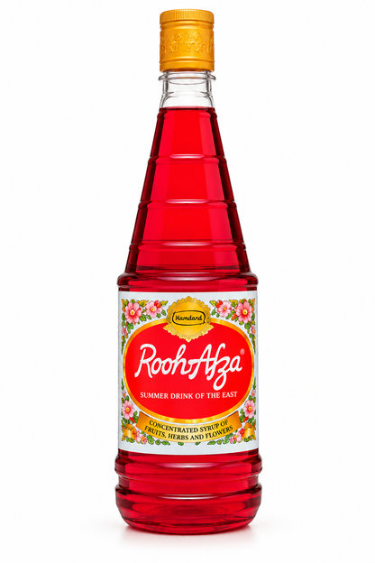 Hamdard Rooh Afza 800ml red concentrated syrup bottle with golden cap and traditional floral label on a clean white background.