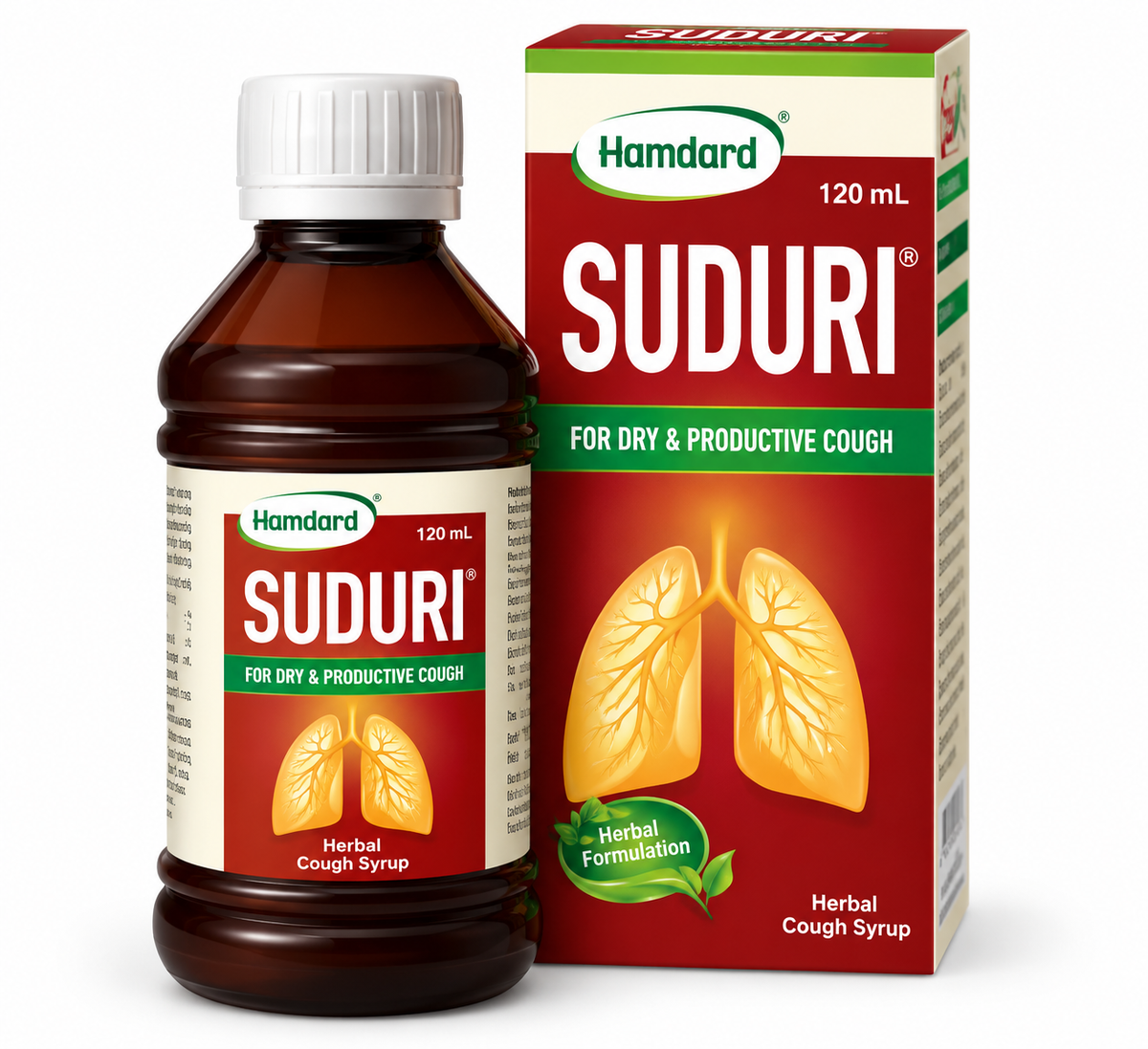 Hamdard Suduri Herbal Cough Syrup 120ml featuring a dark amber-brown bottle with a white screw cap and a matching red, cream and green product box, prominently displaying Suduri branding, illustrated lungs and herbal cough syrup labelling, photographed against a clean white background.
