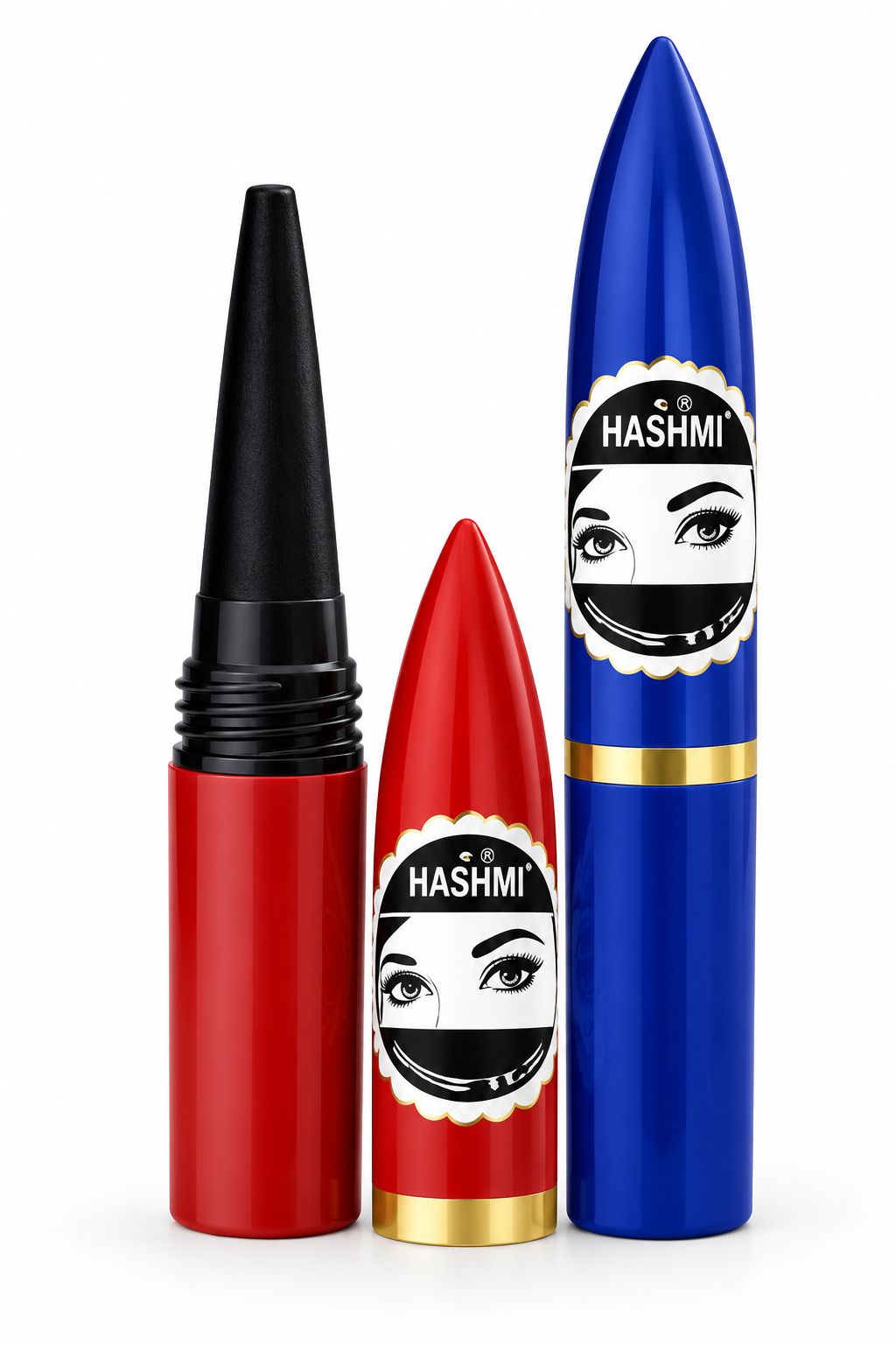 Hashmi Kajal Stick cosmetic product featuring red and blue tubes with pointed caps, black kajal applicator, gold accents and the distinctive Hashmi eye logo on a white background.