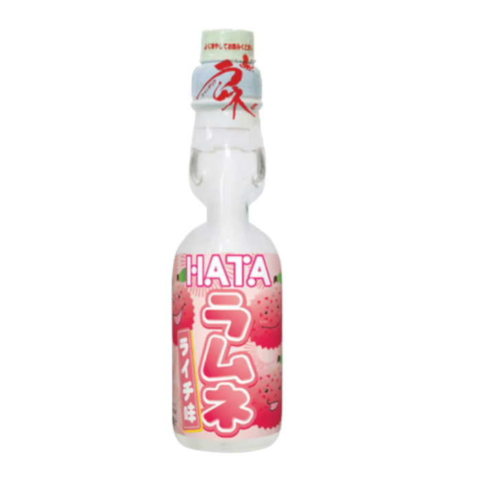 Hata Ramune Lychee in a 200ml glass bottle, offering a sweet lychee flavor and a fun, fizzy drinking experience with the signature marble in the bottle neck