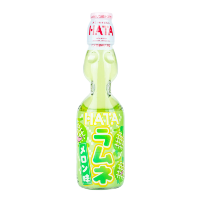Hata Ramune Melon in a 200ml glass bottle, offering a sweet and fizzy melon flavor with the signature marble in the bottle neck, perfect for refreshing moments.