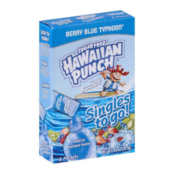 Hawaiian Punch Singles To Go! Berry Blue Typhoon drink mix, 0.95 oz (26.9 g) single-serve packet.