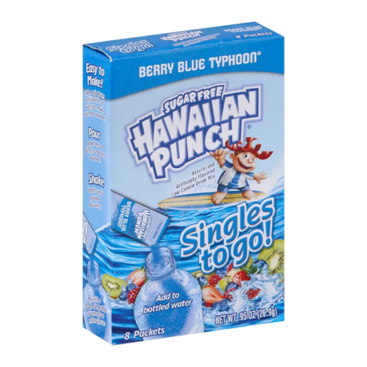 Hawaiian Punch Singles To Go! Berry Blue Typhoon drink mix, 0.95 oz (26.9 g) single-serve packet.