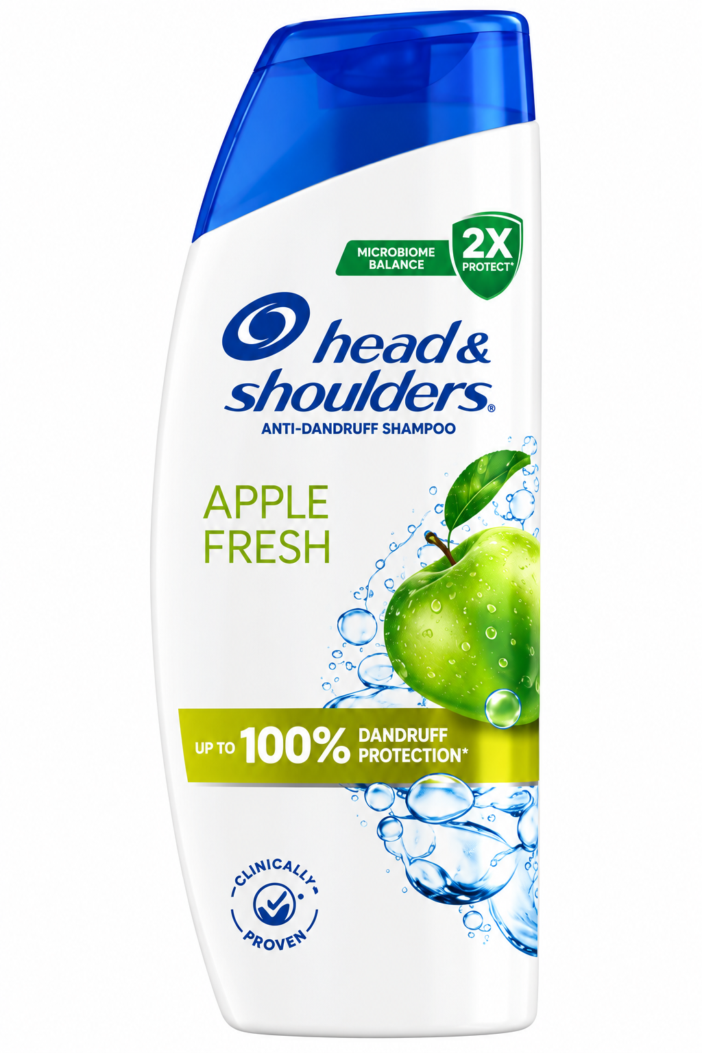 Head & Shoulders Apple Fresh Anti-Dandruff Shampoo 250ml in a white bottle with a blue cap, green apple graphics and blue water splash design.