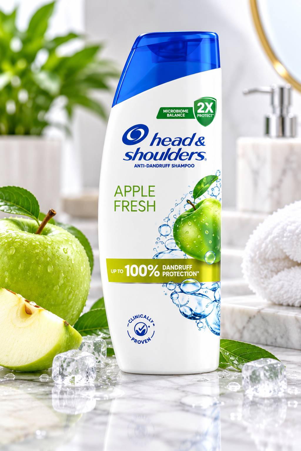 Head & Shoulders Apple Fresh Shampoo 250ml displayed on a marble bathroom counter with fresh green apples, apple slices, green leaves, ice cubes and a white towel.