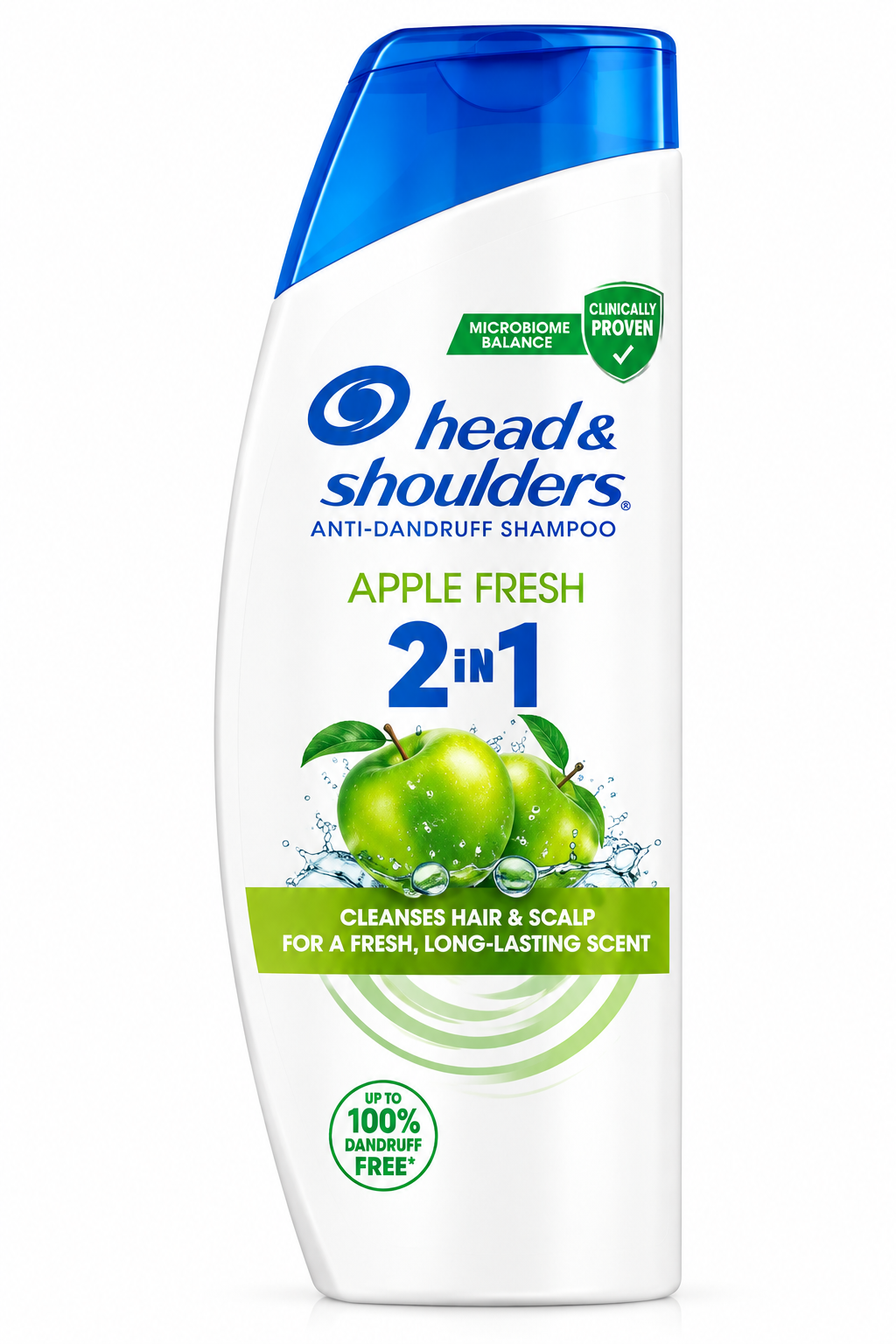 Head & Shoulders Apple Fresh Shampoo 400ml bottle featuring a sleek white design, a vibrant blue flip-top cap, the Head & Shoulders logo in blue lettering, green Apple Fresh branding, bold blue 2-in-1 text, and illustrations of fresh green apples with water splashes and leaves. The bottle also displays green microbiome balance and clinically proven badges. Presented upright against a clean white background, highlighting the apple-scented anti-dandruff shampoo for cleansing the hair and scalp and providing a