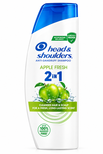Head & Shoulders Apple Fresh Shampoo 400ml bottle featuring a sleek white design, a vibrant blue flip-top cap, the Head & Shoulders logo in blue lettering, green Apple Fresh branding, bold blue 2-in-1 text, and illustrations of fresh green apples with water splashes and leaves. The bottle also displays green microbiome balance and clinically proven badges. Presented upright against a clean white background, highlighting the apple-scented anti-dandruff shampoo for cleansing the hair and scalp and providing a