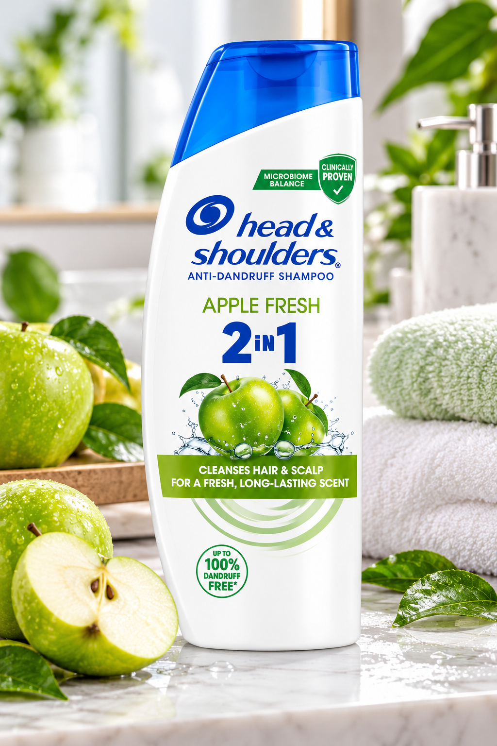 Head & Shoulders Apple Fresh Shampoo 400ml white bottle with a blue cap, blue brand logo, green Apple Fresh lettering, bold 2-in-1 label, and fresh green apple illustrations displayed on a glossy marble bathroom countertop. Surrounded by whole and sliced green apples, fresh leaves, a soft white towel, and elegant bathroom accessories in a bright, refreshing setting, showcasing the apple-scented anti-dandruff shampoo as part of an everyday hair-care routine for clean, fresh-smelling hair.