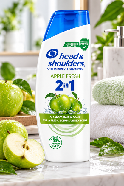 Head & Shoulders Apple Fresh Shampoo 400ml white bottle with a blue cap, blue brand logo, green Apple Fresh lettering, bold 2-in-1 label, and fresh green apple illustrations displayed on a glossy marble bathroom countertop. Surrounded by whole and sliced green apples, fresh leaves, a soft white towel, and elegant bathroom accessories in a bright, refreshing setting, showcasing the apple-scented anti-dandruff shampoo as part of an everyday hair-care routine for clean, fresh-smelling hair.