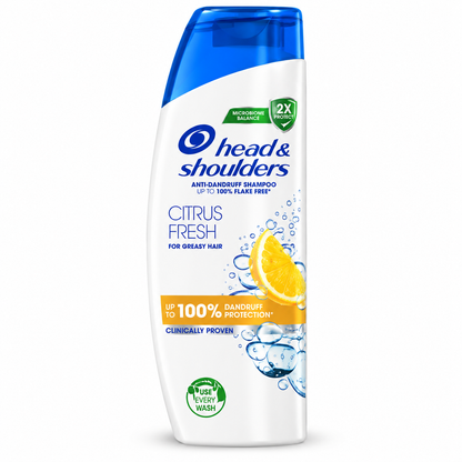 Head & Shoulders Citrus Fresh Shampoo 250ml in a white bottle with a blue cap, blue branding, green label details, and yellow lemon graphics on a clean white background.