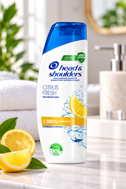 Head & Shoulders Citrus Fresh Shampoo 250ml bottle displayed on a marble bathroom counter beside fresh lemon slices, green leaves, and a folded white towel in a bright, clean bathroom setting.
