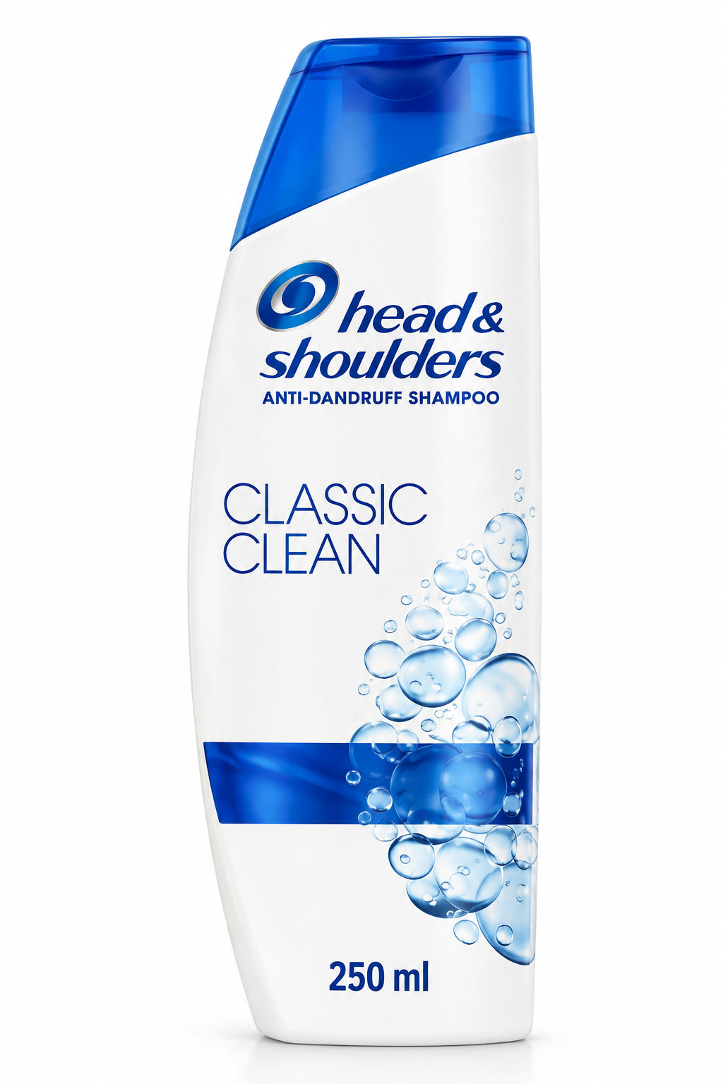 Head & Shoulders Classic Clean Anti-Dandruff Shampoo 250ml white bottle with a blue cap, blue branding and water bubble graphics.