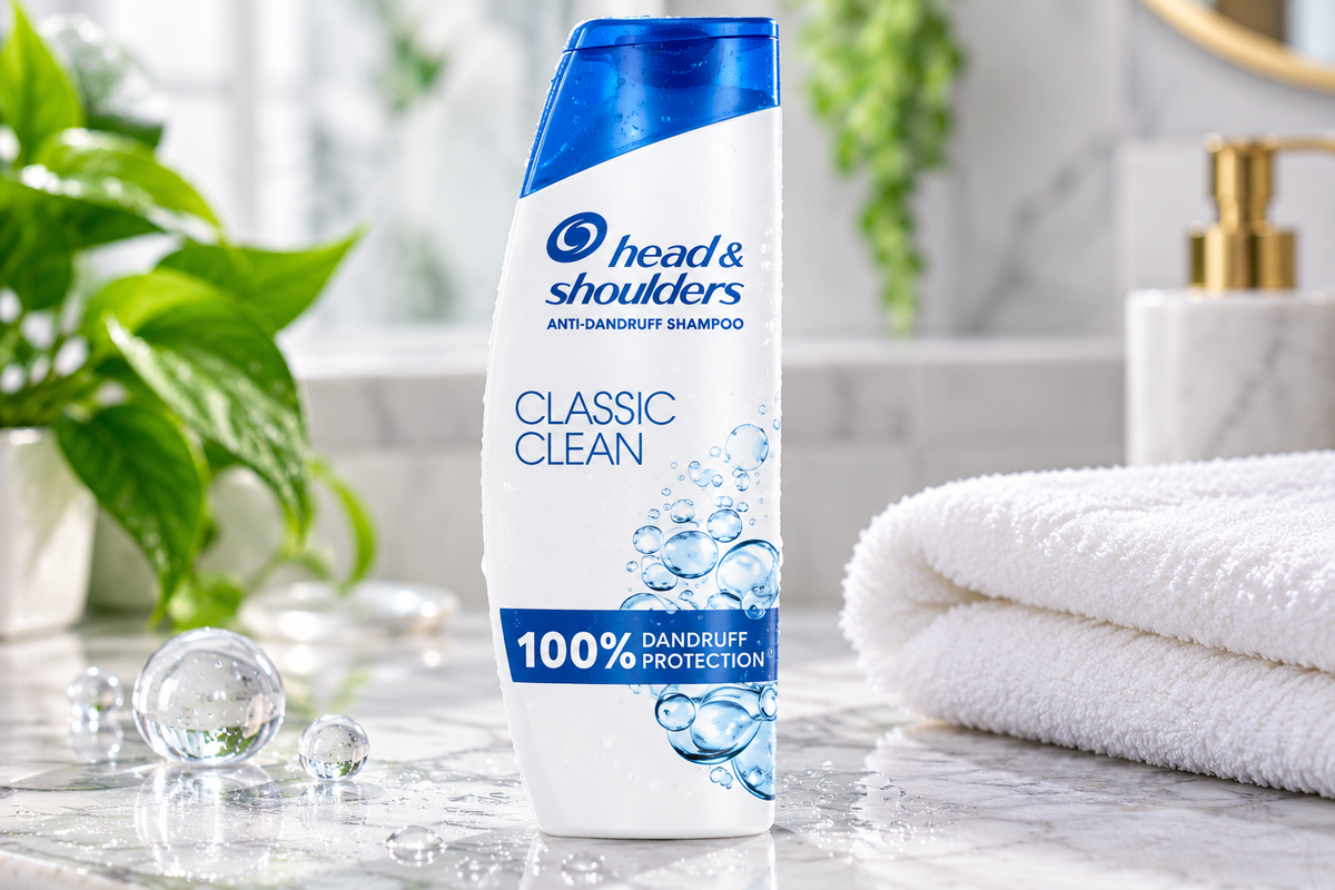 Head & Shoulders Classic Clean Shampoo 250ml white bottle with a blue cap displayed on a marble bathroom surface beside a white towel, green leaves and water droplets.
