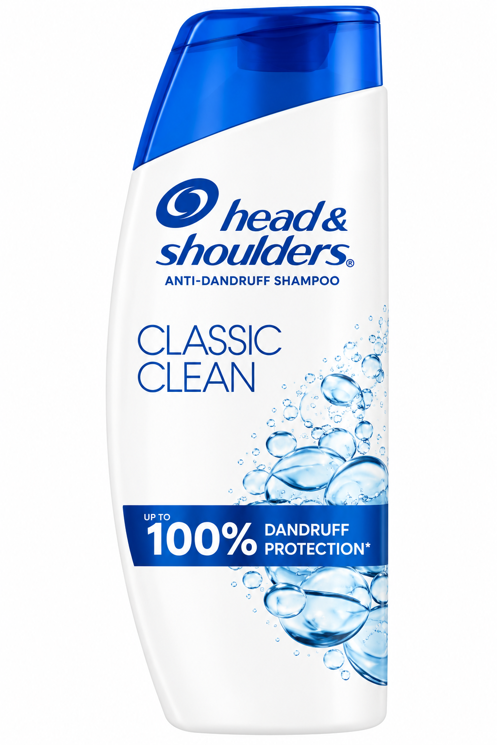 Head & Shoulders Classic Clean Anti-Dandruff Shampoo 400ml in a white bottle with a blue cap, blue branding and water bubble graphics.Head & Shoulders Classic Clean Anti-Dandruff Shampoo 400ml in a white bottle with a blue cap, blue branding and water bubble graphics.