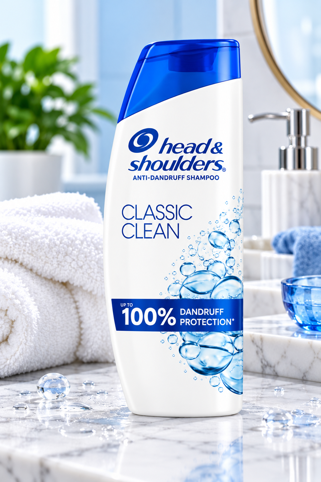 Head & Shoulders Classic Clean Shampoo 400ml displayed in a bright, modern bathroom with a white towel, water droplets and fresh blue accents.Head & Shoulders Classic Clean Shampoo 400ml displayed in a bright, modern bathroom with a white towel, water droplets and fresh blue accents.