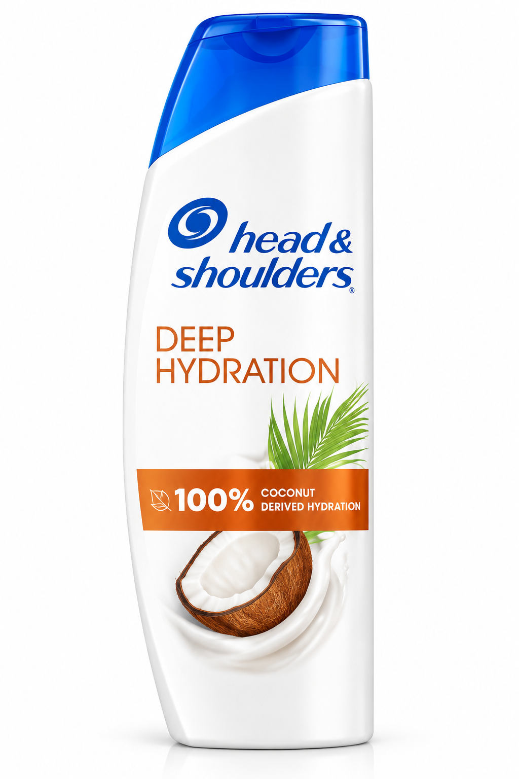 Head & Shoulders Deep Hydration Shampoo 250ml bottle featuring a sleek white design, a vibrant blue flip-top cap, the Head & Shoulders logo in blue lettering, Deep Hydration text, an orange coconut-derived hydration label, and illustrations of fresh green palm leaves and a coconut half. Displayed upright against a clean white background, highlighting the coconut-inspired shampoo for cleansing the scalp and helping keep hair feeling hydrated and refreshed.