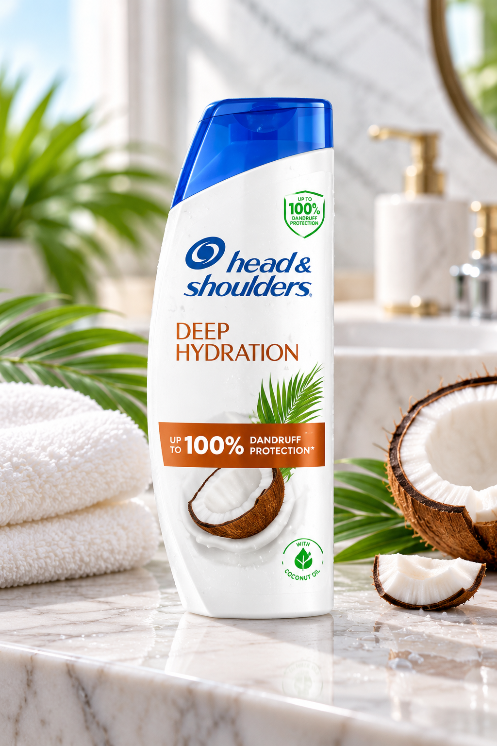 Head & Shoulders Deep Hydration Shampoo 250ml white bottle with a bright blue cap, blue brand logo, orange Deep Hydration label, and coconut illustrations displayed on a marble bathroom countertop. Surrounded by fresh coconut halves, green palm leaves, a fluffy white towel, and elegant bathroom accessories in a bright tropical spa setting, showcasing the shampoo as part of a refreshing hair-care routine.