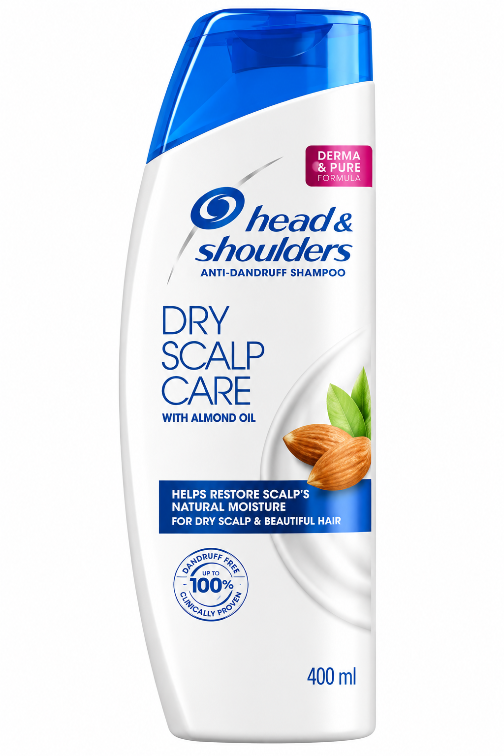 Head & Shoulders Dry Scalp Care Shampoo 400ml in a white bottle with a blue cap, blue branding, almond oil graphics, and a blue moisture-care label, displayed upright against a clean white background.