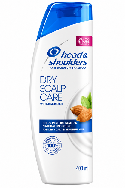 Head & Shoulders Dry Scalp Care Shampoo 400ml in a white bottle with a blue cap, blue branding, almond oil graphics, and a blue moisture-care label, displayed upright against a clean white background.