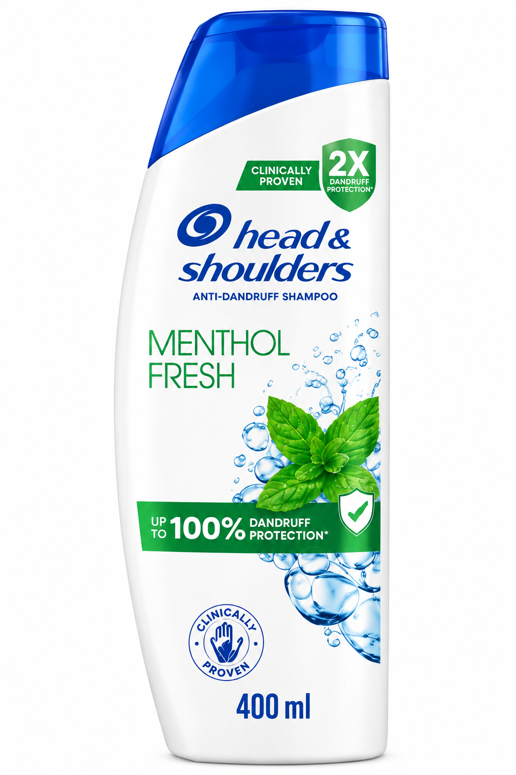 Head & Shoulders Menthol Fresh Anti-Dandruff Shampoo 400ml white bottle with a blue cap, green mint leaf graphics and blue water bubbles.