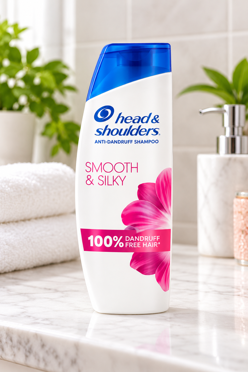 Head & Shoulders Smooth & Silky Shampoo 250ml bottle displayed on a marble bathroom vanity with folded white towels, green plants and bathroom accessories.