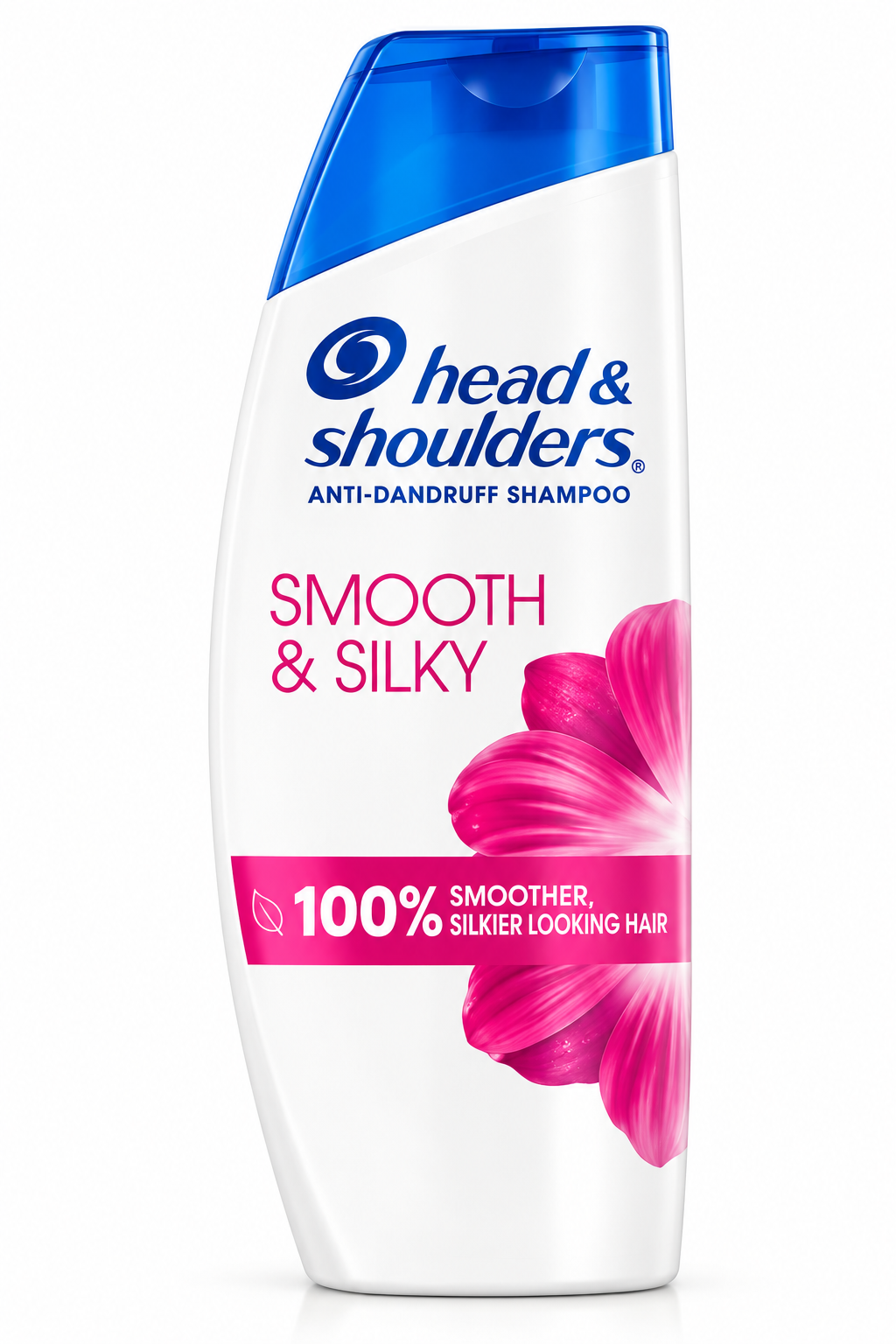 Head & Shoulders Smooth & Silky Shampoo 400ml bottle featuring a sleek white design, a vibrant blue flip-top cap, the Head & Shoulders logo in blue lettering, pink Smooth & Silky branding, a decorative pink floral illustration, and a magenta label highlighting smoother, silkier-looking hair. Displayed upright against a clean white background, showcasing the anti-dandruff shampoo for everyday hair cleansing and helping leave hair feeling smooth, soft, and manageable.
