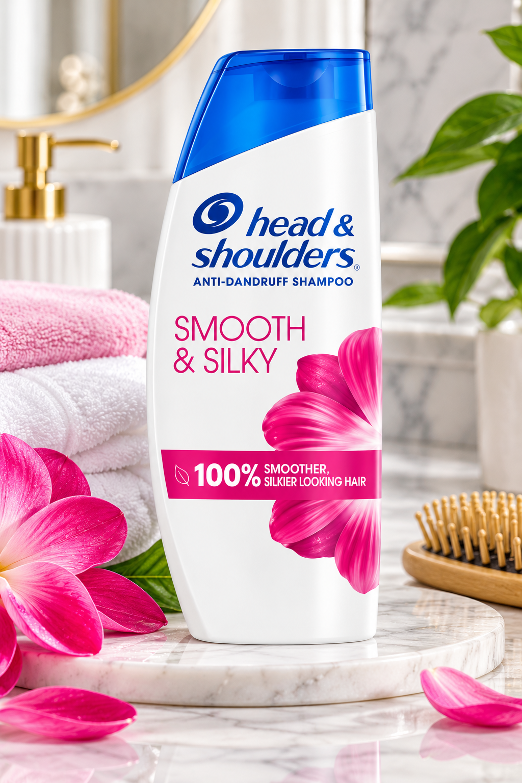 Head & Shoulders Smooth & Silky Shampoo 400ml white bottle with a blue cap, blue brand logo, pink Smooth & Silky lettering, floral graphics, and a magenta label displayed on a marble bathroom countertop. Surrounded by pink flowers, soft pink and white towels, fresh green leaves, and a wooden hairbrush in a bright, elegant bathroom setting, highlighting the anti-dandruff shampoo as part of a smooth and silky everyday hair-care routine.