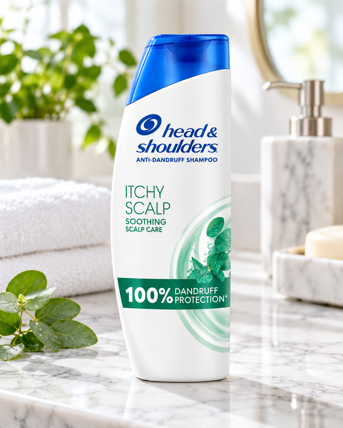 Head & Shoulders Soothing Scalp Care Shampoo 400ml bottle displayed on a marble bathroom countertop with green leaves, a folded white towel and bathroom accessories.