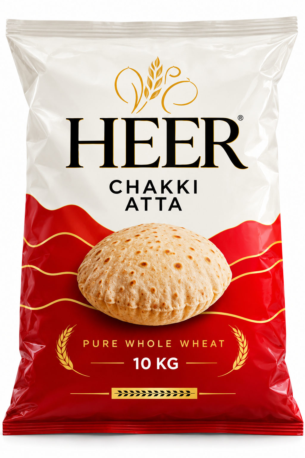 HEER Chakki Atta 10kg wheat flour bag featuring white and red packaging, the HEER brand logo, a picture of traditional Indian chapati and whole wheat imagery, suitable for preparing fresh rotis, chapatis and other everyday Indian breads.