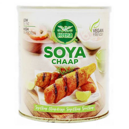 Heera Soya Chaap 800g tin with white and green label, showing grilled soya chaap pieces on a plate, marked vegan friendly, high in protein and low in fat.