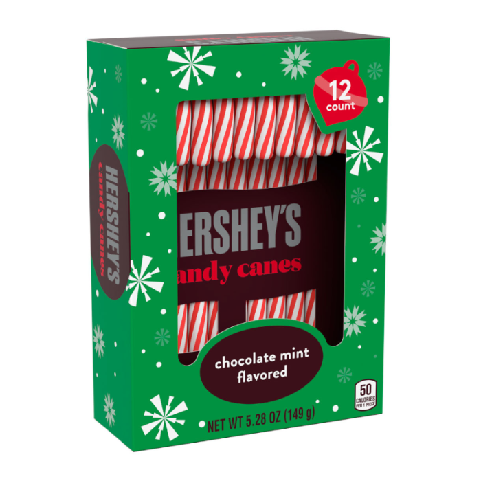 Hershey’s Chocolate Mint Candy Canes featuring peppermint and chocolate mint flavors, perfect for holiday snacking, gifting, or decorating (5.28oz / 149g).