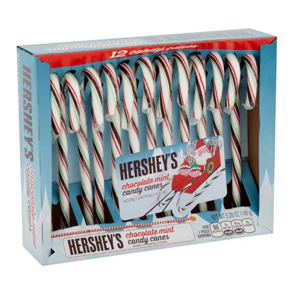 Hershey’s Chocolate Mint Candy Canes featuring peppermint and chocolate mint flavors, perfect for holiday snacking, gifting, or decorating (5.28oz / 149g).