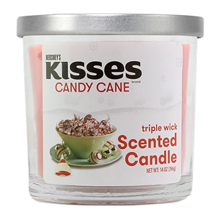 Hershey's Candy Cane Kisses Triple Wick Scented Candle 14oz showing candle and packaging