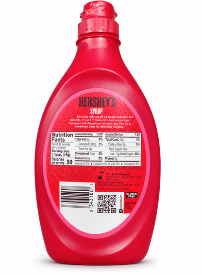HERSHEY’S Strawberry Syrup 623g (22 oz) bottle back view showing nutrition facts, barcode and product information.