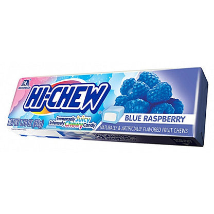 Individually wrapped Hi-Chew Blue Raspberry candies in blue and white wrappers.