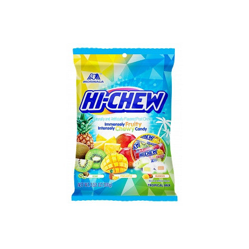 Hi-Chew Tropical 6-pack, 100g each, showing chewy fruit-flavored candies.