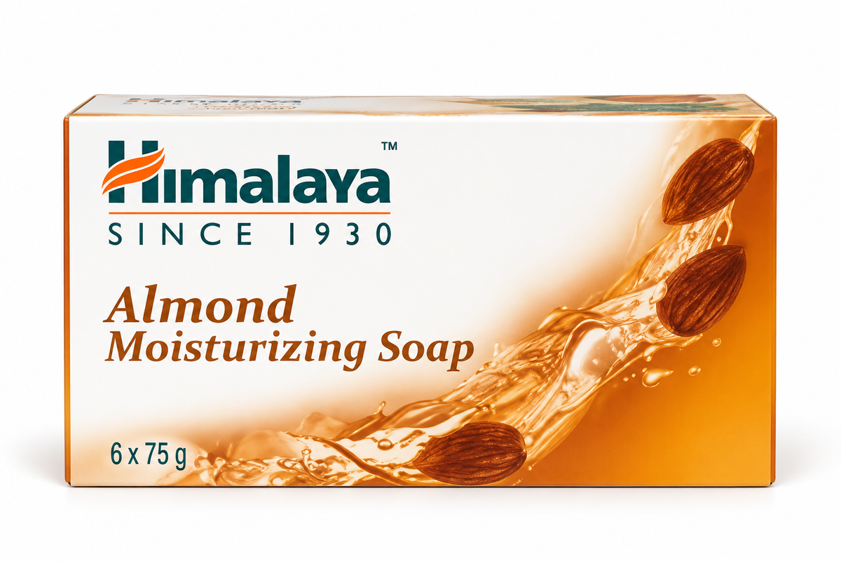 Himalaya Almond Moisturizing Soap 6 x 75g multipack box in white and orange packaging with almond images and moisturizing oil graphics.
