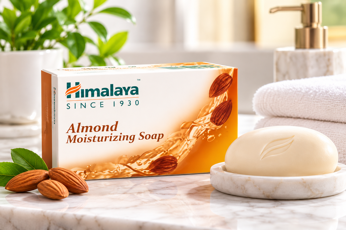 Himalaya Almond Moisturizing Soap multipack displayed beside an ivory soap bar on a marble bathroom countertop with almonds, green leaves and a folded white towel.