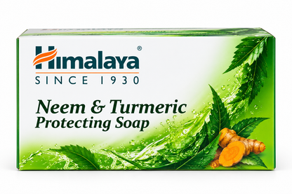 Himalaya Neem and Turmeric Protecting Soap 6-pack of 75g bars in white and green packaging featuring the Himalaya logo, neem leaves and turmeric botanical imagery.